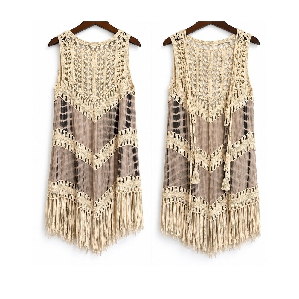 GeeGee Crochet Tie Dye Fringe Vest M/L Tan Brown Boho Open Front 20S013